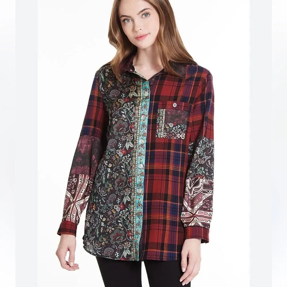 John Mark Black Orange Mixed Print Plaid Floral Patchwork Long Sleeve Shirt